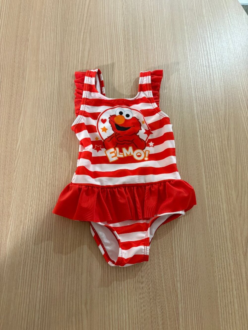 Elmo One Piece Swimsuit 2T Red and White Stripes Ruffle Sesame Street Polyester